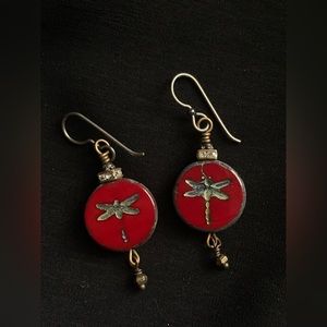 Red glass dragonfly earrings